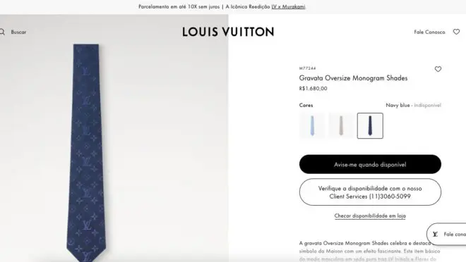 Gravata usada pelo presidente Lula conforme oferta do site da Louis Vuitton