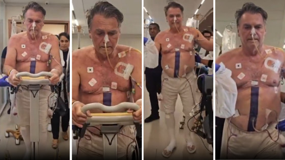 Jair Bolsonaro (PL) nos corredores do hospital DF Star, em Brasília, após cirurgia.