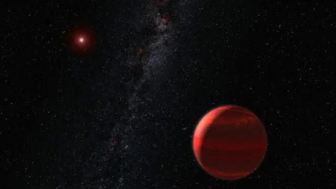 Ilustração do espaço. No local, que possui fundo preto, possui um exoplaneta.