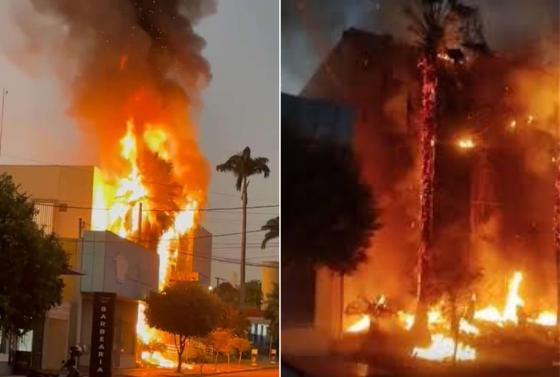 Vídeos gravados por moradores que passavam pela região mostram o pânico ao ver a fachada do estabelecimento sendo destruída pelas chamas.