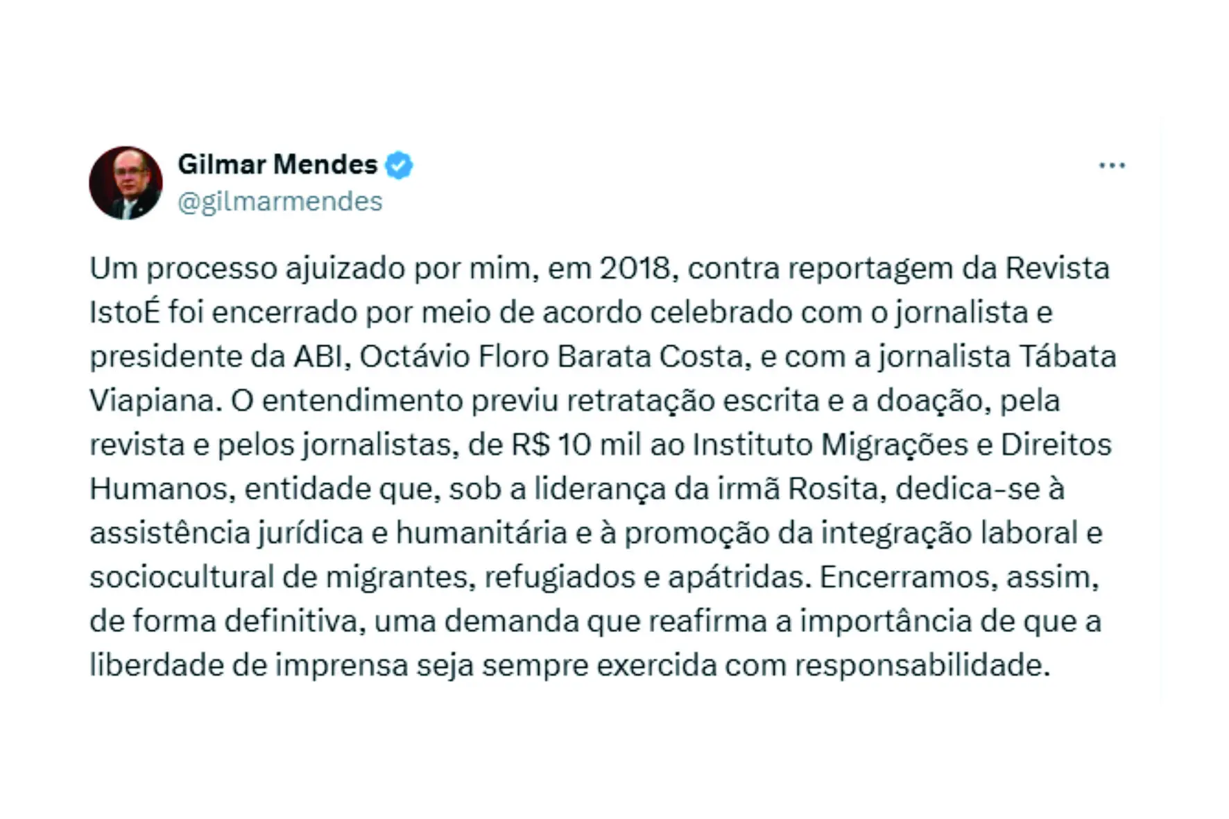 Gilmar Mendes fecha acordo para que jornalistas doem R$ 10 mil por danos morais em reportagem.