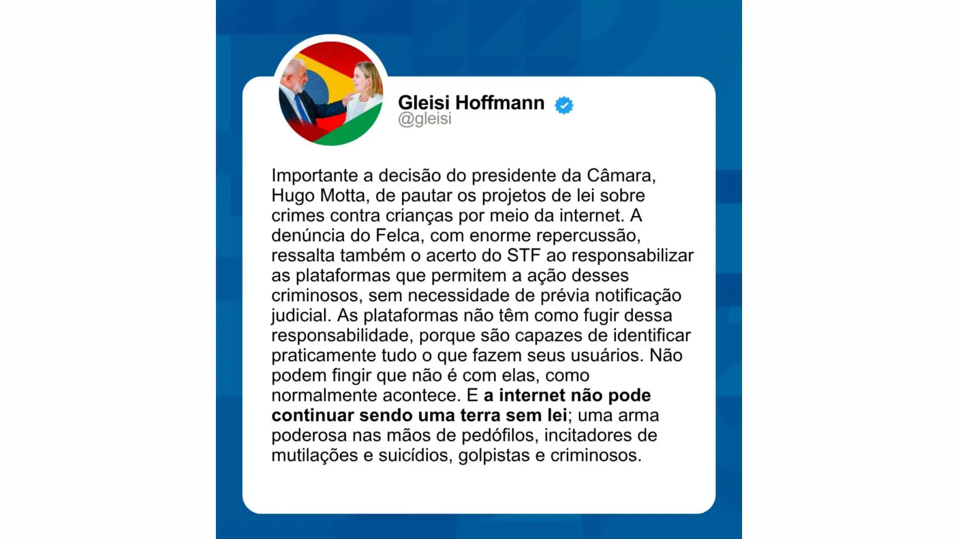 Gleisi usa polêmica de Adultização para defender regras para plataformas digitais.