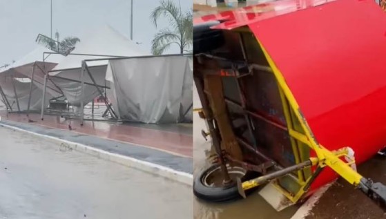Barraca de trailer aparece virada e tendas foram destruídas com a força do vento
