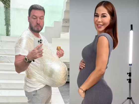 O empresário grudou uma melancia no próprio corpo para simular a gestação. 