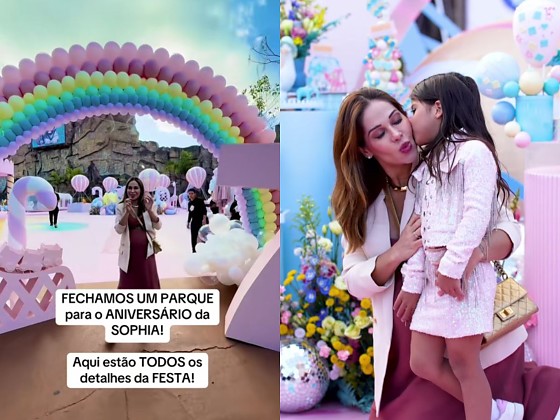 A festa contou com uma decoração cheia de esculturas de animais, nas cores rosa claro e azul.