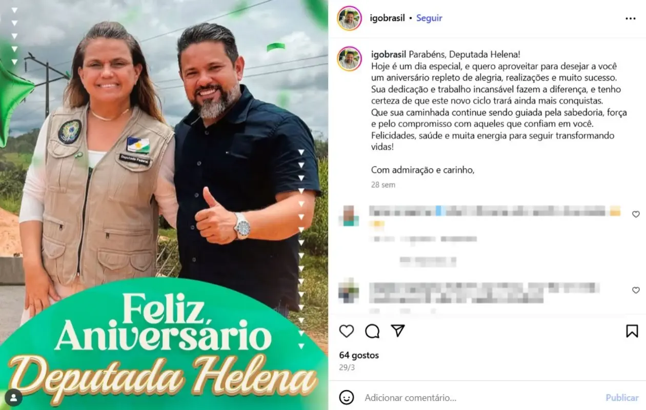 A deputada federal Helena Lima (MDB-RR) e o agora superintendente do Dnit de Roraima, Igor Gomes Brasil.