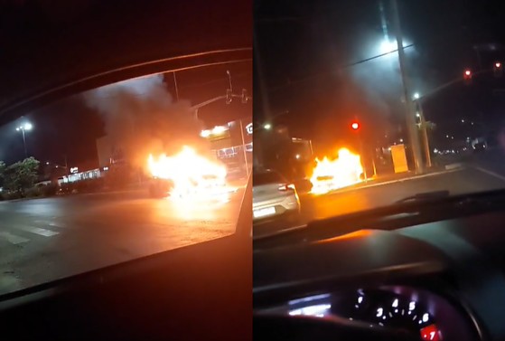 Um vídeo que circula nas redes sociais mostra o momento em que as chamas consomem o veículo.