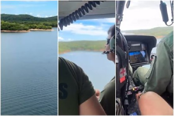 Os registros, compartilhados nas redes sociais, exibem o sobrevoo de um helicóptero sobre a região do lago
