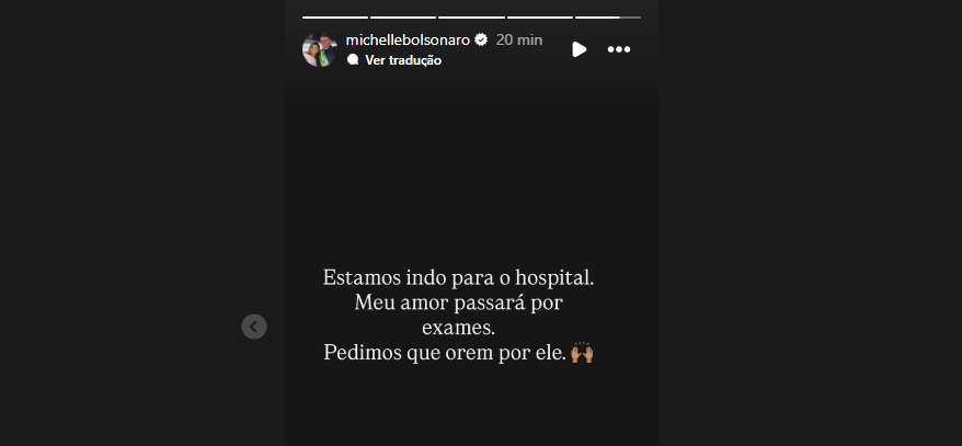 Em suas redes sociais, Michelle informa que Bolsonaro passará por exames complementares. 