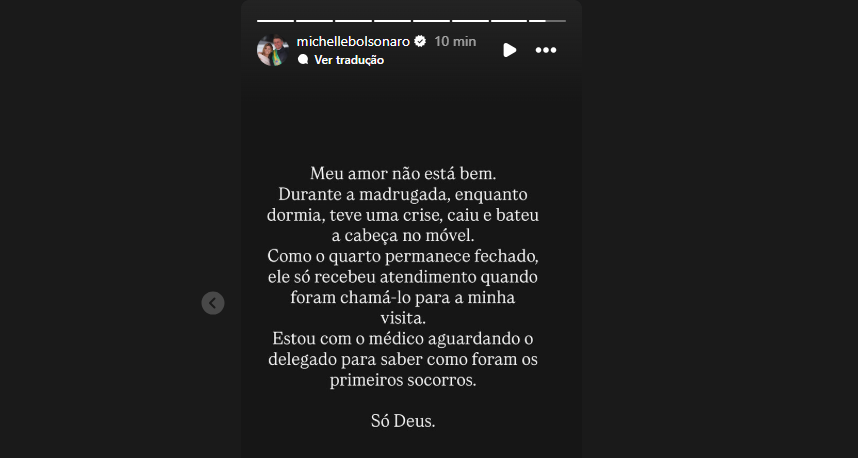 Michelle fala sobre acidente que Bolsonaro teria sofrido na prisão.