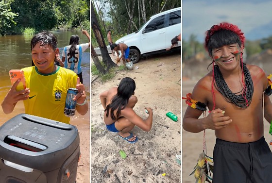 Nos registros feitos na internet, um jovem mostra a rotina na aldeia, que inclui o uso de uma caminhonete Hilux e iPhones 17.