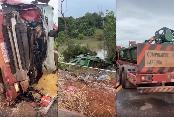 A batida ocorreu por volta das 11h50, na ponte sobre o rio Sete de Setembro, e envolveu um Mercedes-Benz Atego 3030 CE e um Scania R540 A6X4