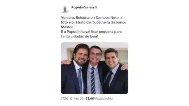Utilizando inteligência artificial, Rogério Correia une Vorcaro, Bolsonaro e Campos Neto. A postagem foi apagada após críticas.