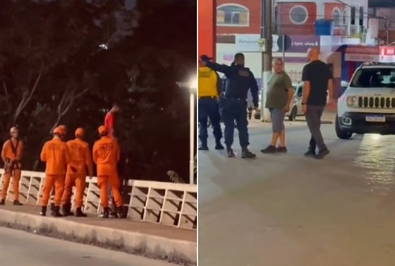 Vídeos que circulam nas redes sociais mostram o homem na beirada da ponte, enquanto os bombeiros tentam convencê-lo a recuar.