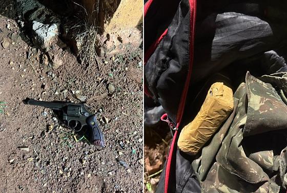 No local, a perícia identificou um revólver calibre .38 com seis munições, além de uma munição encontrada no bolso do criminoso.
