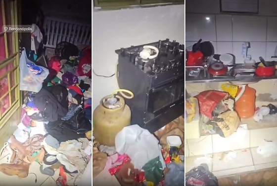 Em um trecho do vídeo em que aparece um dos cômodos da casa, que aparenta ser um quarto, há roupas espalhadas pelo chão e sobre os móveis.