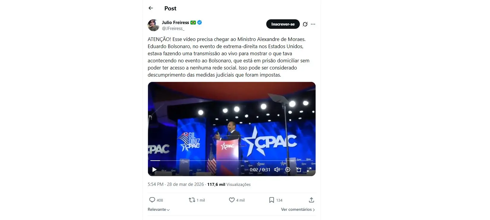 Despacho não cita conteúdo original ou postagem do perfil do próprio Eduardo Bolsonaro. 