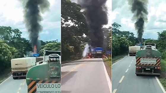 Acidente entre três carretas provocou incêndio na BR-364, em Jangada