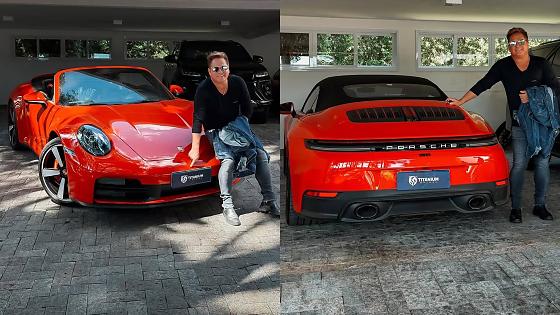 A máquina escolhida por Leonardo foi um Porsche 911 Cabriolet 2026 vermelho conversível, que pode chegar a uma velocidade de 291 km/h