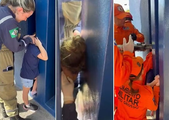 Militares do Corpo de Bombeiros utilizam equipamentos especiais para liberar cabeça de criança presa em viga de escola municipal em Sorriso.