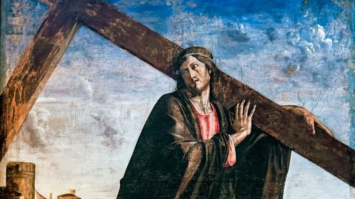 Ilustração de Jesus carregando uma cruz antes da crucificação.