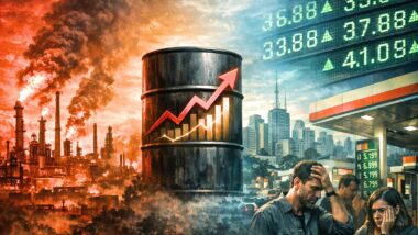 Composição visual que ilustra a guerra no Irã e o impacto da alta do preço do petróleo na economia e inflação do Brasil.