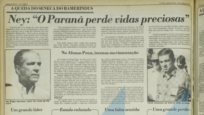 Governador do Paraná na época, Ney Braga, era amigo do comandante do avião, mostrou reportagem da Gazeta do Povo da época