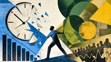 lustração em estilo gravura moderna com colagem de um relógio fragmentado e gráfico de barras descendente, simbolizando a tensão entre redução de jornada e produtividade econômica.
