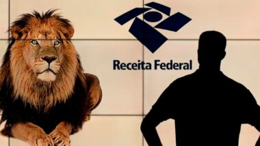 Pessoa na sombra diante do Leão da Receita Federal, simbolizando o risco de cair na malha fina do Imposto de Renda 2026 no prazo final