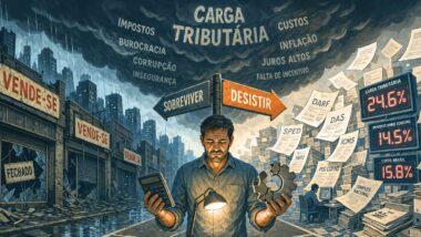 Ilustração editorial de um empresário pressionado por labirinto burocrático e crise econômica, simbolizando os desafios da reforma tributária para PMEs.